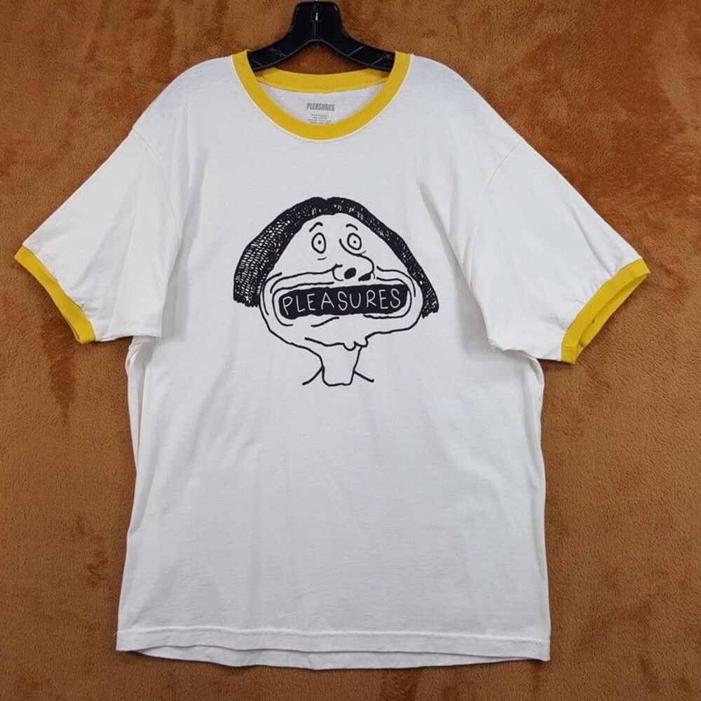 PLEASURES Shirt Mens XL White Yellow Ringer Tee Mouthful Graphic Cotton T-Shirt